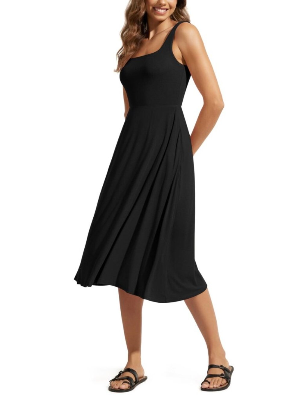Square Neck Midi Dress with Pockets for Women Summer Casual Sleeveless Sundress